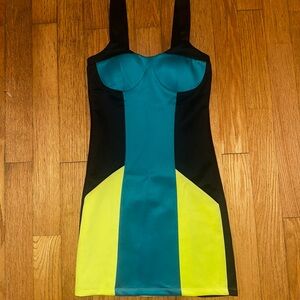 Wishes Wishes Wishes Vibrant Sleeveless Mini Dress - Black, Teal, Yellow